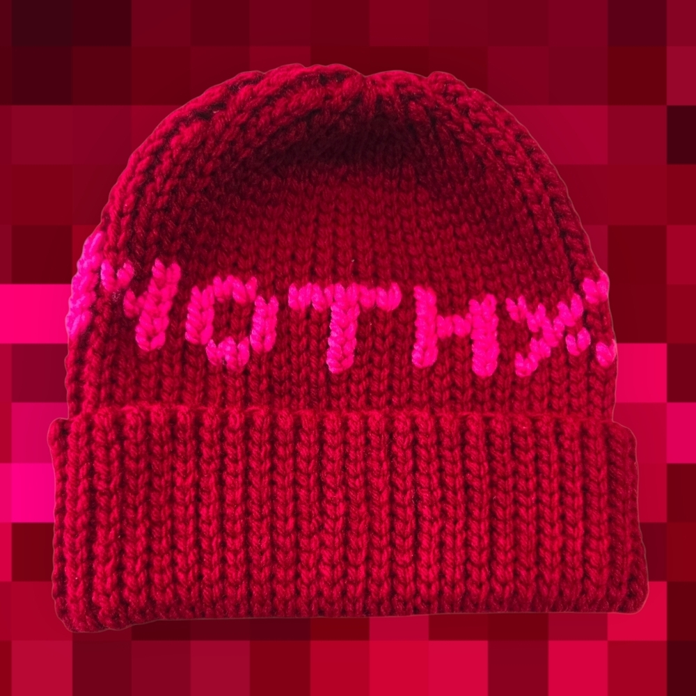 "NO THX" Red/Pink, Knit-look 90s beanie, Handmade By Me, Hand Embroidery,